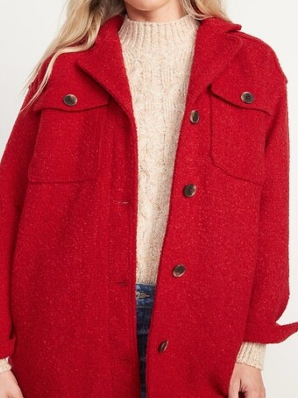 Old Navy Long Bouclé Utility Shacket Robbie Red Wool Blend XS Cozy Shirt Jacket